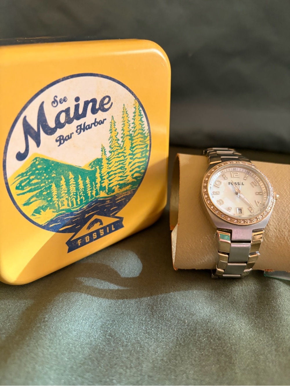 Fossil Stainless Steel Watch with Crystal Bezel and Collectible Tin